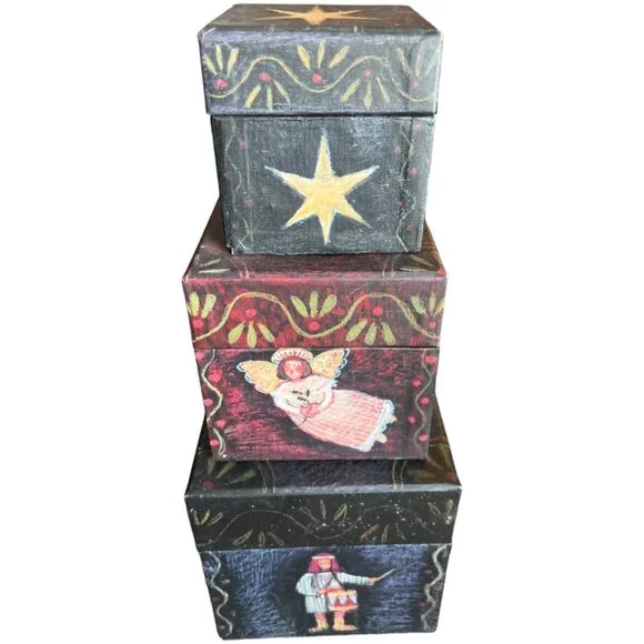 Vtg BOB'S BOXES Primitive Colors Nativity 3 Folk Art NESTING BOXES Angel, Dove - Picture 3 of 16